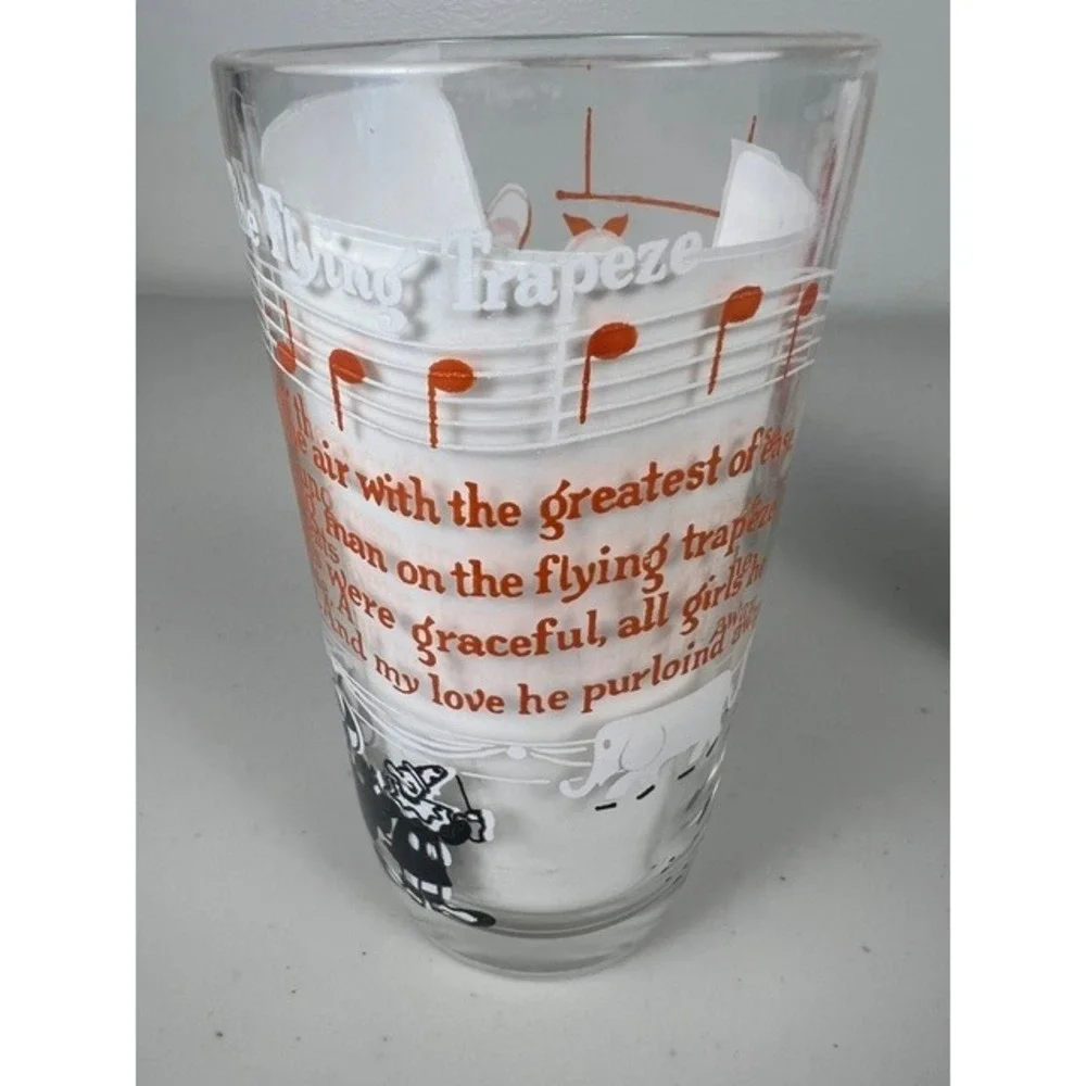 Vintage Mid-Century Musical Highball Glasses Flying Trapeze How Dry I Am Set 2